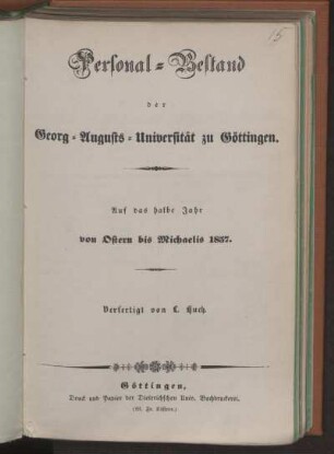 SS 1857: Personal-Bestand der Georg-Augusts-Universität zu Göttingen