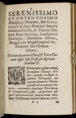 Serenissimo Et Potentissimo Principi, ac Domino, Dn. Christiano II. Sacri Romani Imperij Archimarschallo [...]