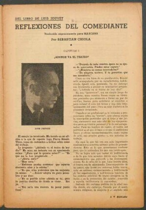 Reflexiones del Comediante : Traducido expresamente para Máscara - del libro de Luis Jouvet