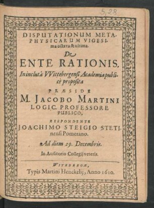Disputationum Metaphysicarum Vigesima octava & ultima. De Ente Rationis