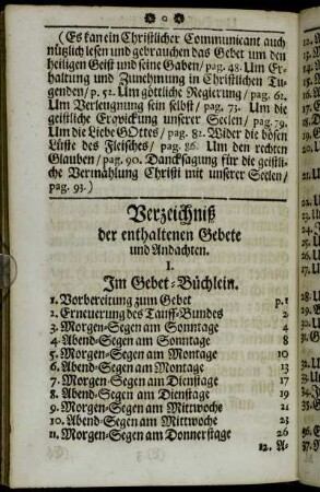 Verzeichniß der enthaltenen Gebete und Andachten.