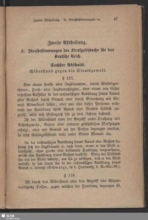 Zweite Abtheilung. A. Strafbestimmungen des Strafgesetzbuchs für das Deutsche Reich