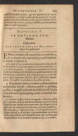 Disputatio V. De Emtione-Venditione. Respondente Johanne-Casparo Dilckheimero Francofurtensi