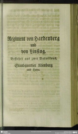 Regiment von Hardenberg und von Linsing : Bestehet aus zwei Bataillons. Standquartier Nienburg und Hoya