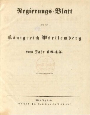 1845: Regierungsblatt für das Königreich Württemberg