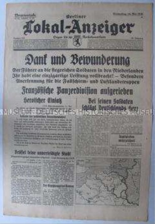 Tageszeitung "Berliner Lokal-Anzeiger" u.a. zur Rede Hitlers an die Wehrmachts-Verbände in den Niederlanden