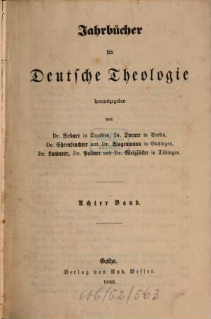 Jahrbücher für deutsche Theologie. 8, 8. 1863