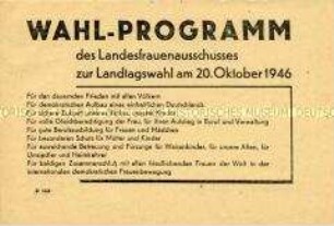 Propagandaflugblatt des Landesfrauenausschusses zu den Landtagswahlen 1946 mit einem Auszug aus dem Wahlprogramm