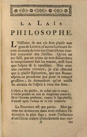 La Laïs Philosophe, Ou Memoires De Madame D***, Et Ses Discours A Mr. De Voltaire, Sur Son Impieté, Sa mauvaise conduite, & sa Folie