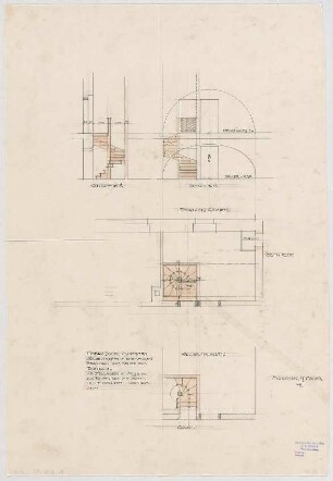 Thiersch, Friedrich von; Glonn (Obb.); Schloss Zinneberg - Altes Schloss - Wendeltreppe im ehemal. Brauhaus (Grundriss Keller, Grundriss EG, Schnitte)