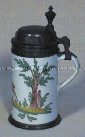 Walzenkrug mit Zinnmontierung und Hirsch-Dekor