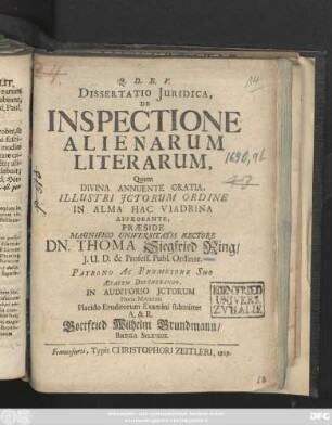 Dissertatio Juridica, De Inspectione Alienarum Literarum