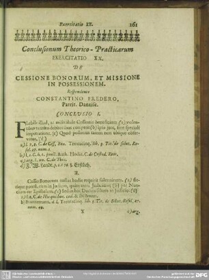 Exercitatio XX. De Cessione Bonorum, Et Missione in Possessionem. Respondente Constantino Fredero, Patrit. Dantisc.