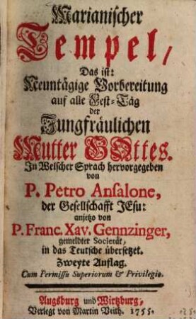 Marianischer Tempel, Das ist: Neuntägige Vorbereitung auf alle Fest-Täg der Jungfräulichen Mutter Gottes