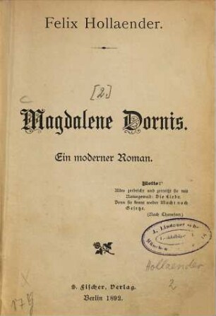 Moderne Romane von Felix Hollaender, 2