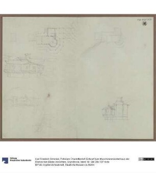 Potsdam Charlottenhof. Entwurf zum Maschinenmeisterhaus der Römischen Bäder. Ansichten, Grundrisse