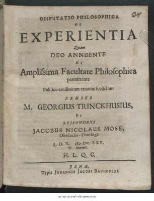 Disputatio Philosophica De Experientia