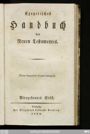 Vierzehntes Stük: Exegetisches Handbuch des Neuen Testamentes
