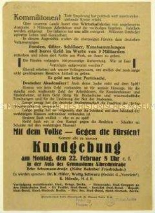 Aufruf studentischer Vereinigungen zu einer Kundgebung am 22. Februar 1926 in Berlin zur Frage der Fürstenenteignung