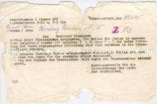 Bescheinigung einer ehemaligen Insassin des KZ Theresienstadt über die Platzreservierung für den Rücktransport nach Deutschland