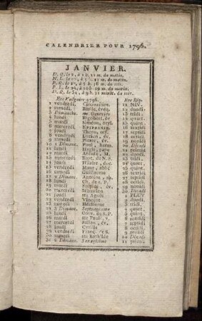 Calendrier pour 1796.