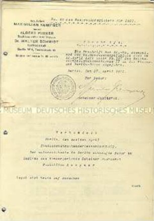 Notariell beglaubigtes Protokoll der ausserordentlichen Generalversammlung am 02. April 1921 mit angehefteter Satzung - Sachkonvolut