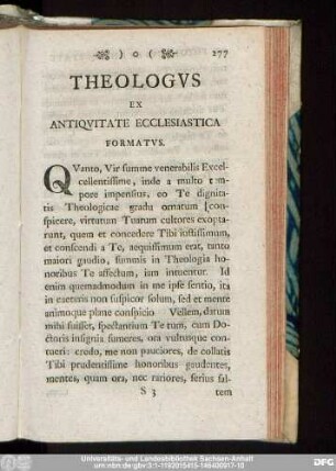 Theologus Ex Antiquitate Ecclesiastica Formatus.