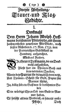Zweyte Abtheilung. Trauer- und Klag-Gedichte.