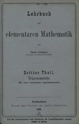 Theil 3: Lehrbuch der elementaren Mathematik. Dritter Theil