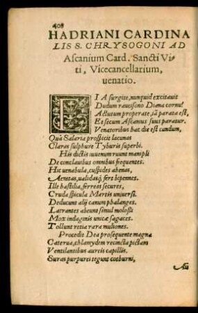 Hadriani Cardinalis S. Chrysogoni Ad Ascanium Card. Sancti Viti, Vicecancellarium, venatio.