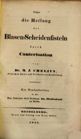 Ueber die Heilung der Blasen-Scheidenfisteln durch Cauterisation : ein Sendschreiben an den Herrn Geheimen Rath Professor Dr. Dieffenbach zu Berlin