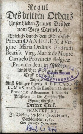 Regul Des dritten Ordens Unser Lieben Frauen Brüder vom Berg Carmelo