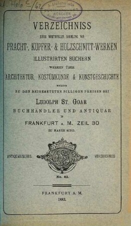 Antiquarisches Verzeichniss. 62. 1883