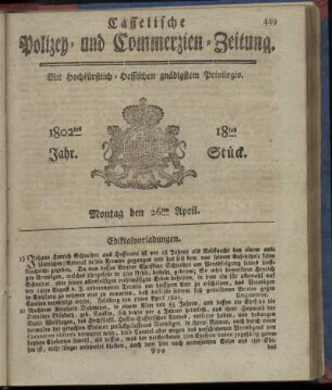 18tes Stueck, Montag den 26ten April 1802
