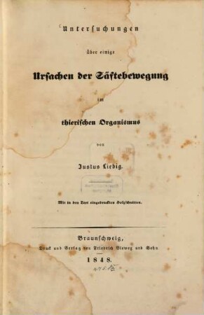 Untersuchungen über einige Ursachen der Säftebewegung im thierischen Organismus