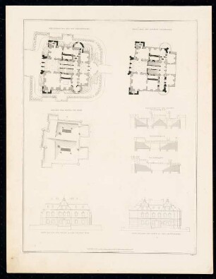 Schloss Kurnik, Posen: Grundrisse, Schnitte, Altansicht (aus: Sammlung Architektonischer Entwürfe, Berlin 1858)