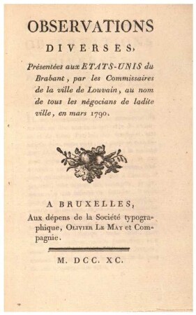OBSERVATIONS DIVERSES, Présentées aux ETATS-UNIS du Brabant