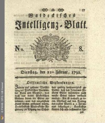 No. 8. Dienstag, den 21ten Februar, 1792