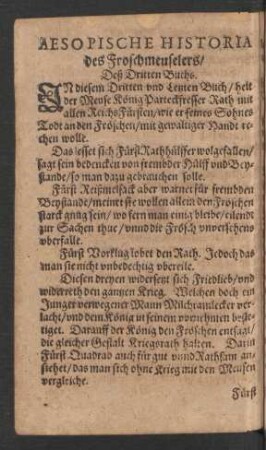 Aesopische Historia des Froschmeuselers/ Deß Dritten Buchs.