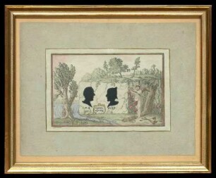 Bild einer Landschaft mit den Silhouetten von Johann Michael Bofinger (1722-1800) und Maria Katharina Bofinger, geb. Schwartz (1727-1806) (Zweig Staehle), auf der Rückseite Angaben, 20 cm hoch x 24,5 cm breit, im Glasrahmen auf Rückseite: "Geschenk von Tante Fanny Staehle an Hansmartin Decker-Hauff, 1939"