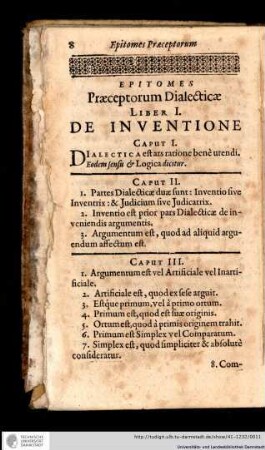 Epitomes Praeceptorum Dialecticae Liber I. De Inventione