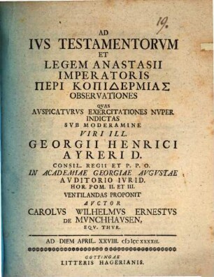 Ad Ivs Testamentorvm Et Legem Anastasii Imperatoris Peri Kopidermias Observationes