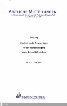 Ordnung für die deutsche Sprachprüfung für den Hochschulzugang an der Universität Paderborn : vom 27. Juni 2007