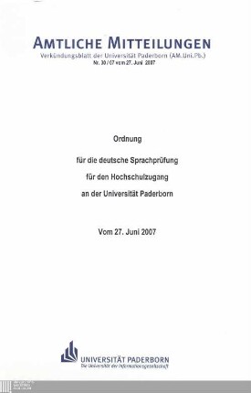 Ordnung für die deutsche Sprachprüfung für den Hochschulzugang an der Universität Paderborn : vom 27. Juni 2007