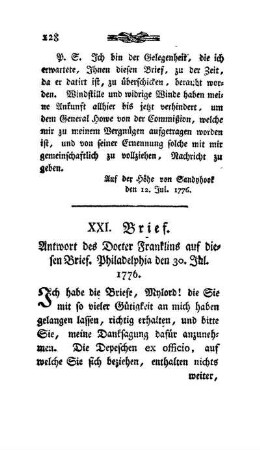 XXI. Brief - Antwort des D. Franklins auf diesen Brief