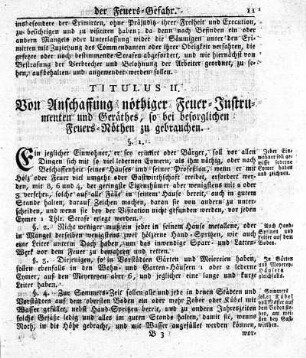 Titulus II. Von Anschaffung nöthiger Feuer-Instrumenten und Geräthes, so bei besorglichen Feuers-Nöthen zu gebrauchen