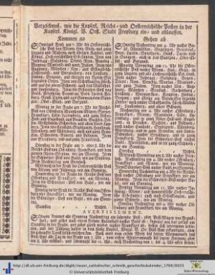 Verzeichnuß, wie die Kayerl. Reichs- und Oesterreichische Posten in der Kayserl. König. V. Oest. Stadt Freyburg ein- und ablauffen.