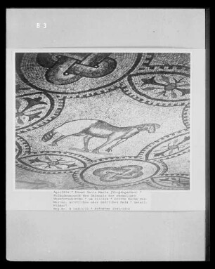 Fußbodenmosaik des Südsaals: Menschen-,Tier- und Pflanzendarstellungen umgeben von Rankenornamenten — Tierdarstellungen zwischen geometrischer Ornamentik — Widder