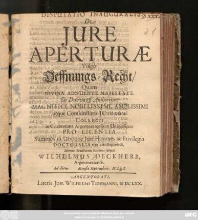 Disputatio Inauguralis De Iure Aperturae Vulgo Oeffnungs-Recht