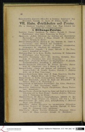 VII. Klubs, Gesellschaften und Vereine.